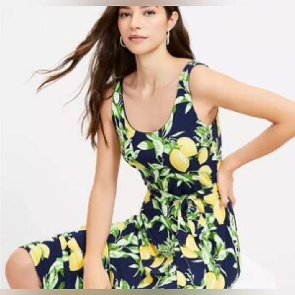 LOFT Lemon Print Midi Dress in Navy and Yellow
